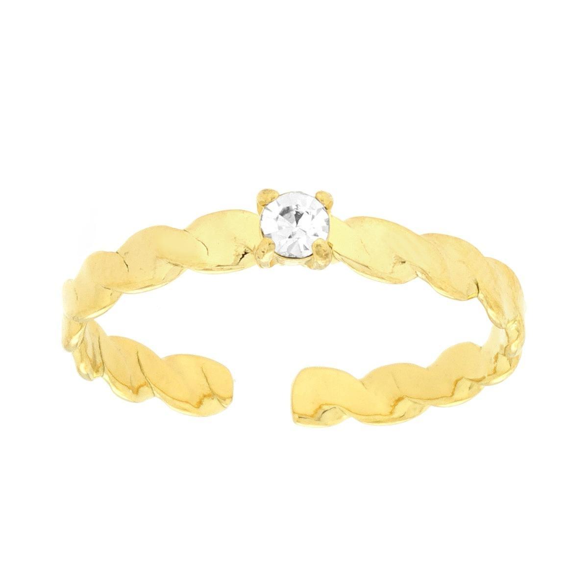 Anello Solitario Fascia Ondulata e Crystal Bianco in ACCIAIO<BR> colore Oro