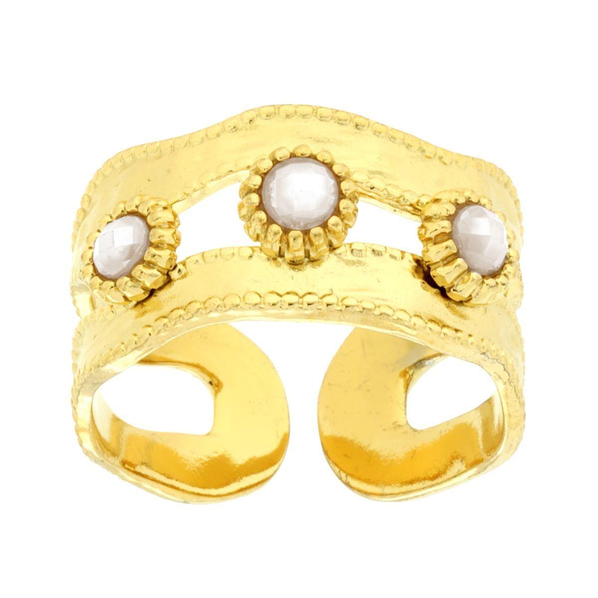 Anello Fascia Martellata con Crystal colore Bianco Perlato in ACCIAIO colore Oro<BR>