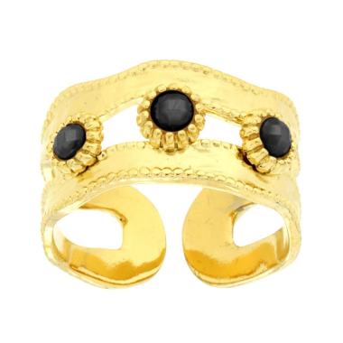 Anello Fascia Martellata con Crystal colore Nero in ACCIAIO colore Oro<BR>