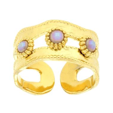 Anello Fascia Martellata con Crystal colore Rosa Perlato in ACCIAIO colore Oro<BR>