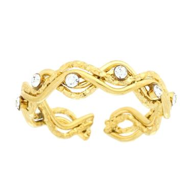 Anello Fili Ondulati con Crystal Bianchi in ACCIAIO colore Oro<BR>