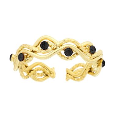 Anello Fili Ondulati con Crystal Neri in ACCIAIO colore Oro<BR>