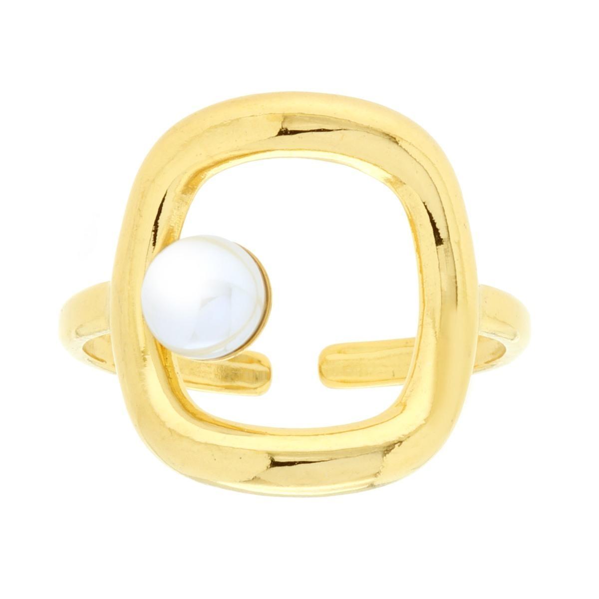 Anello con Rettangolo e Perla Bianca in ACCIAIO colore Oro<BR>