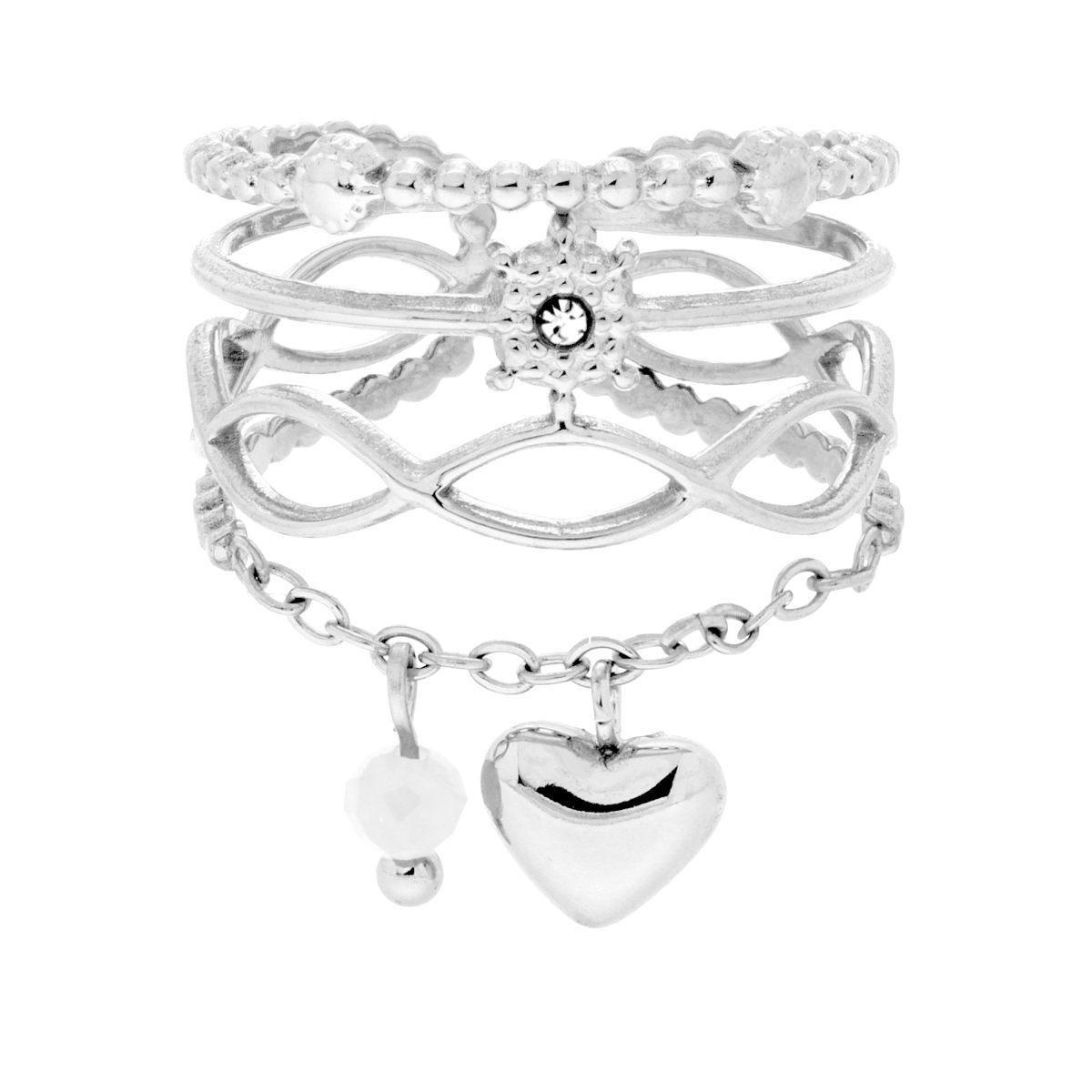 Anello Fascia Multifilo con Crystal Bianco e Catena con Cuore bombato pendente in ACCIAIO