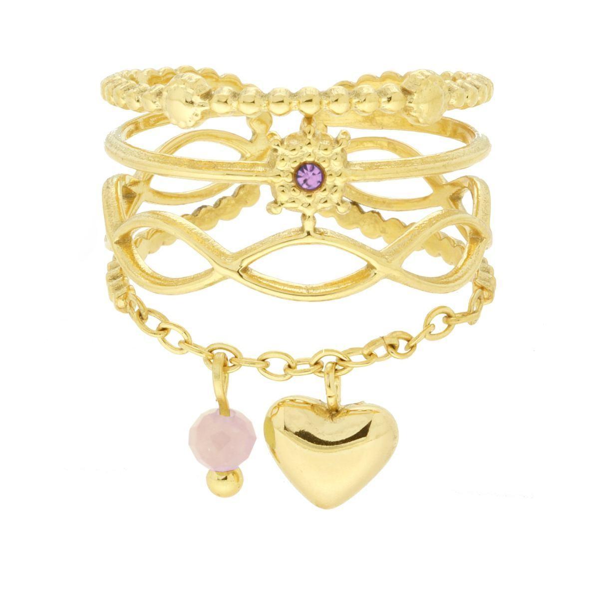 Anello Fascia Multifilo con Crystal Lilla e Catena con Cuore bombato pendente in ACCIAIO colore Oro<BR>