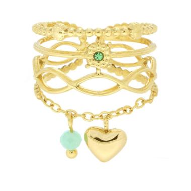 Anello Fascia Multifilo con Crystal Verde e Catena con Cuore bombato pendente in ACCIAIO colore Oro<BR>
