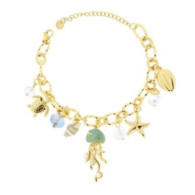 Bracciale Catena Forzatina con Charms Mare pendenti in ACCIAIO colore Oro<BR>