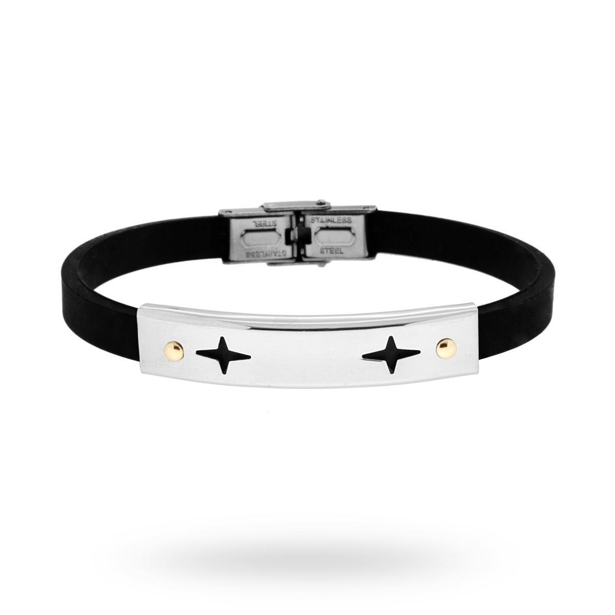 Bracciale in pvc nero e Targa con disegno geometrico e punti Oro in ACCIAIO