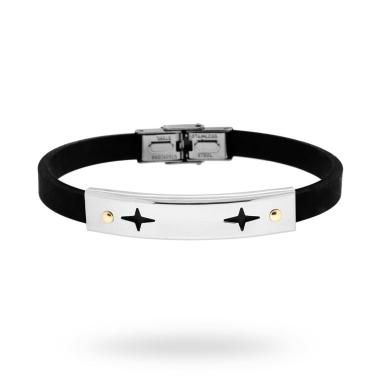 Bracciale in pvc nero e Targa con disegno geometrico e punti Oro in ACCIAIO