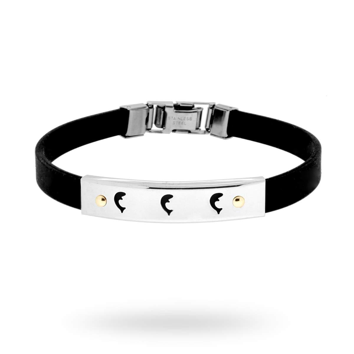 Bracciale in pvc nero e Targa con Delfini e punti Oro in ACCIAIO