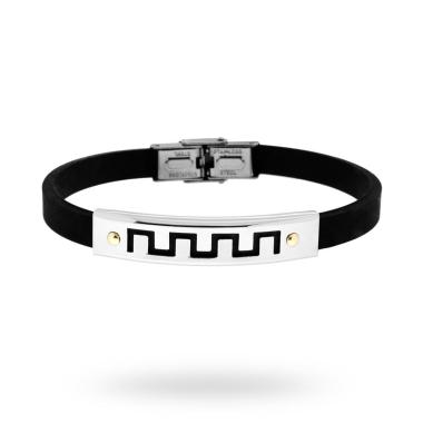 Bracciale in pvc nero e Targa con disegno geometrico e punti Oro in ACCIAIO