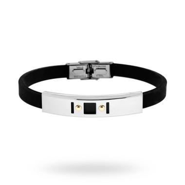 Bracciale in pvc nero e Targa con disegno geometrico e punti Oro in ACCIAIO