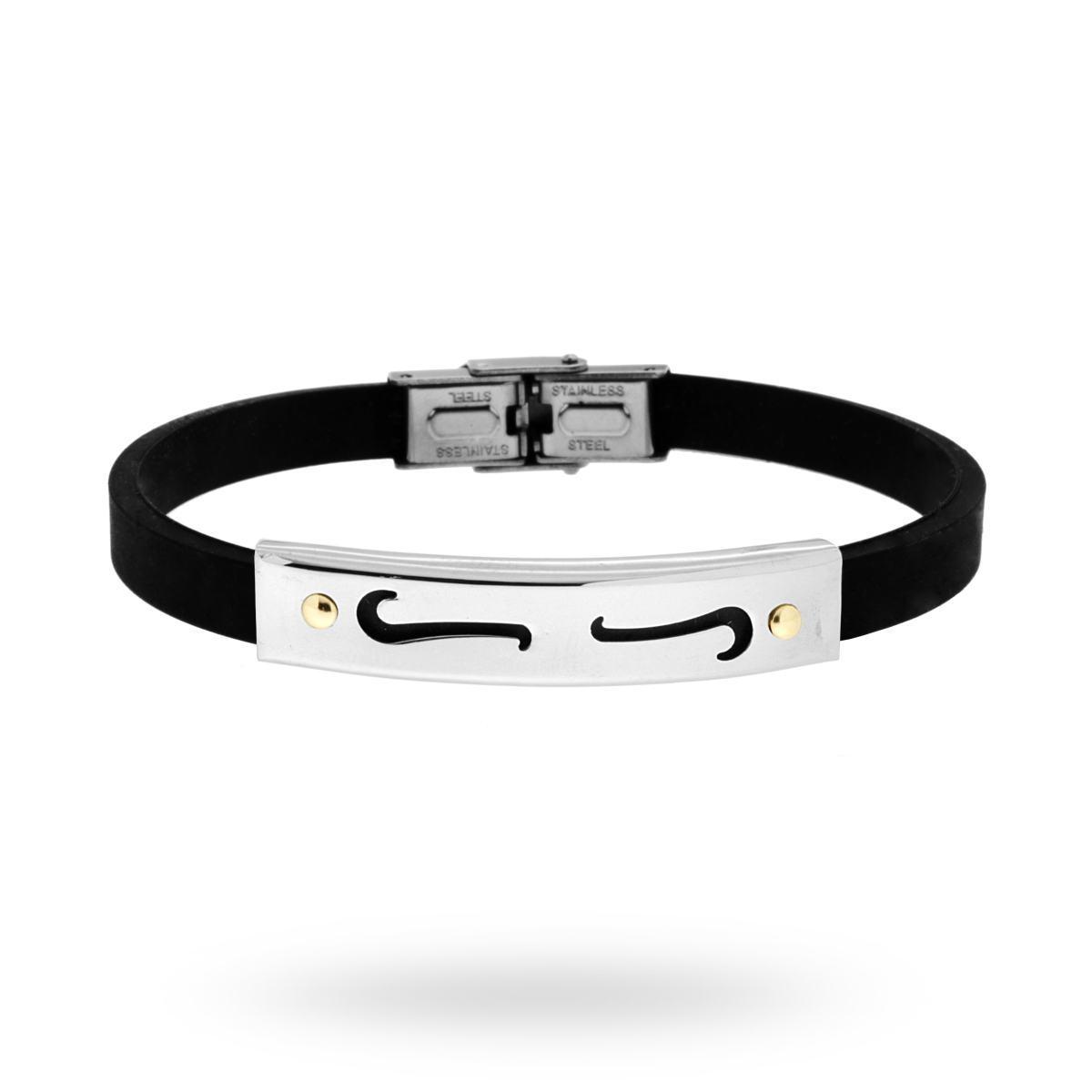 Bracciale in pvc nero e Targa con disegno geometrico e punti Oro in ACCIAIO