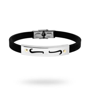 Bracciale in pvc nero e Targa con disegno geometrico e punti Oro in ACCIAIO