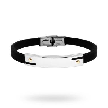 Bracciale in pvc nero e Targa con disegno geometrico e punti Oro in ACCIAIO