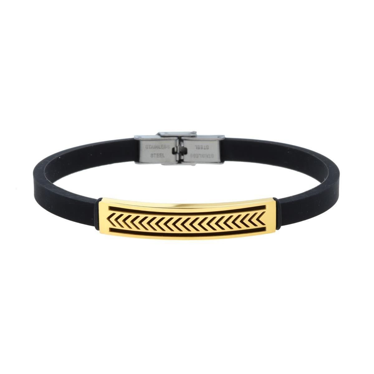 Bracciale Uomo in Caucciu PVC Nero con Targa colore Oro e Decoro Geometrico in ACCIAIO<BR>