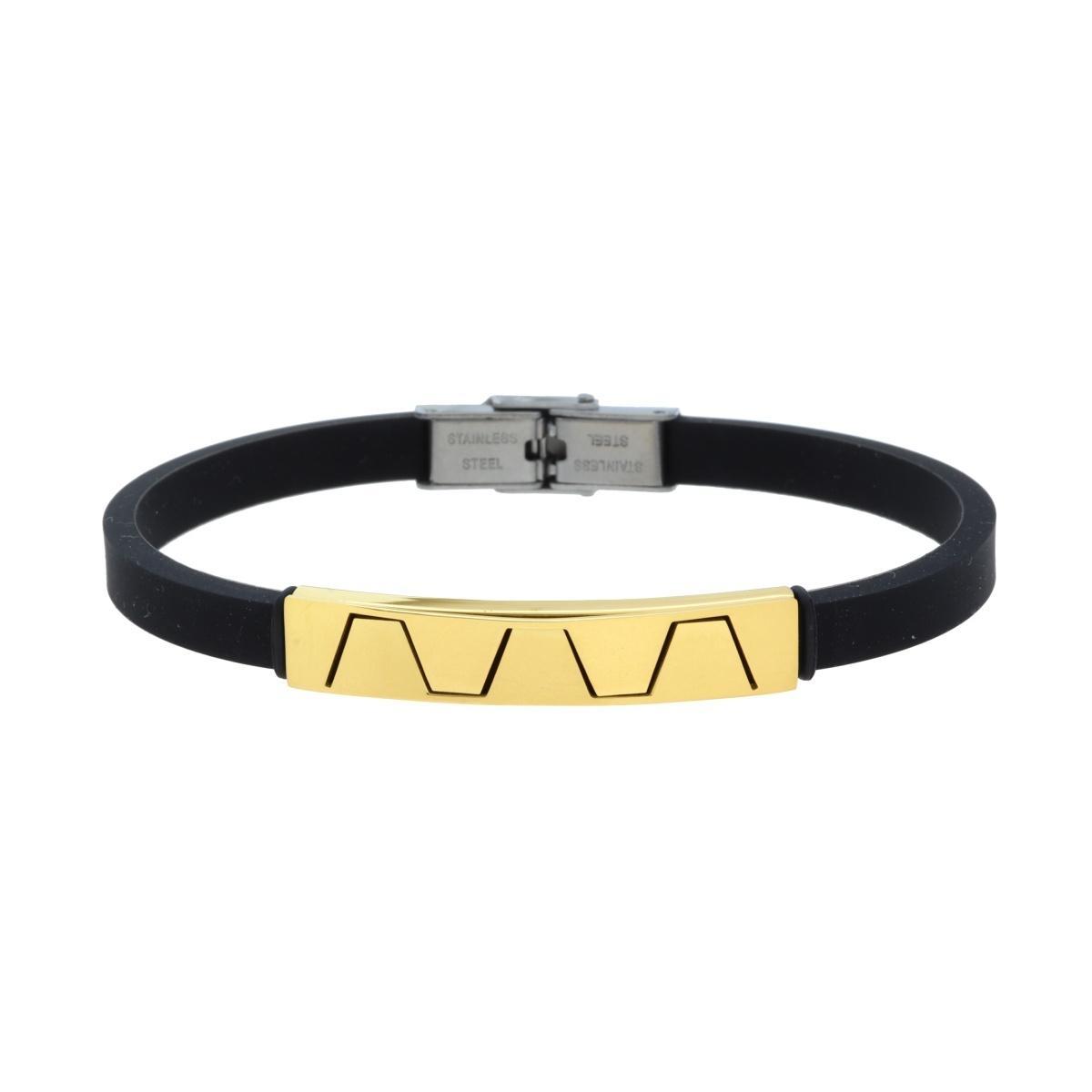 Bracciale Uomo in Caucciu PVC Nero con Targa colore Oro e Decoro Geometrico in ACCIAIO<BR>