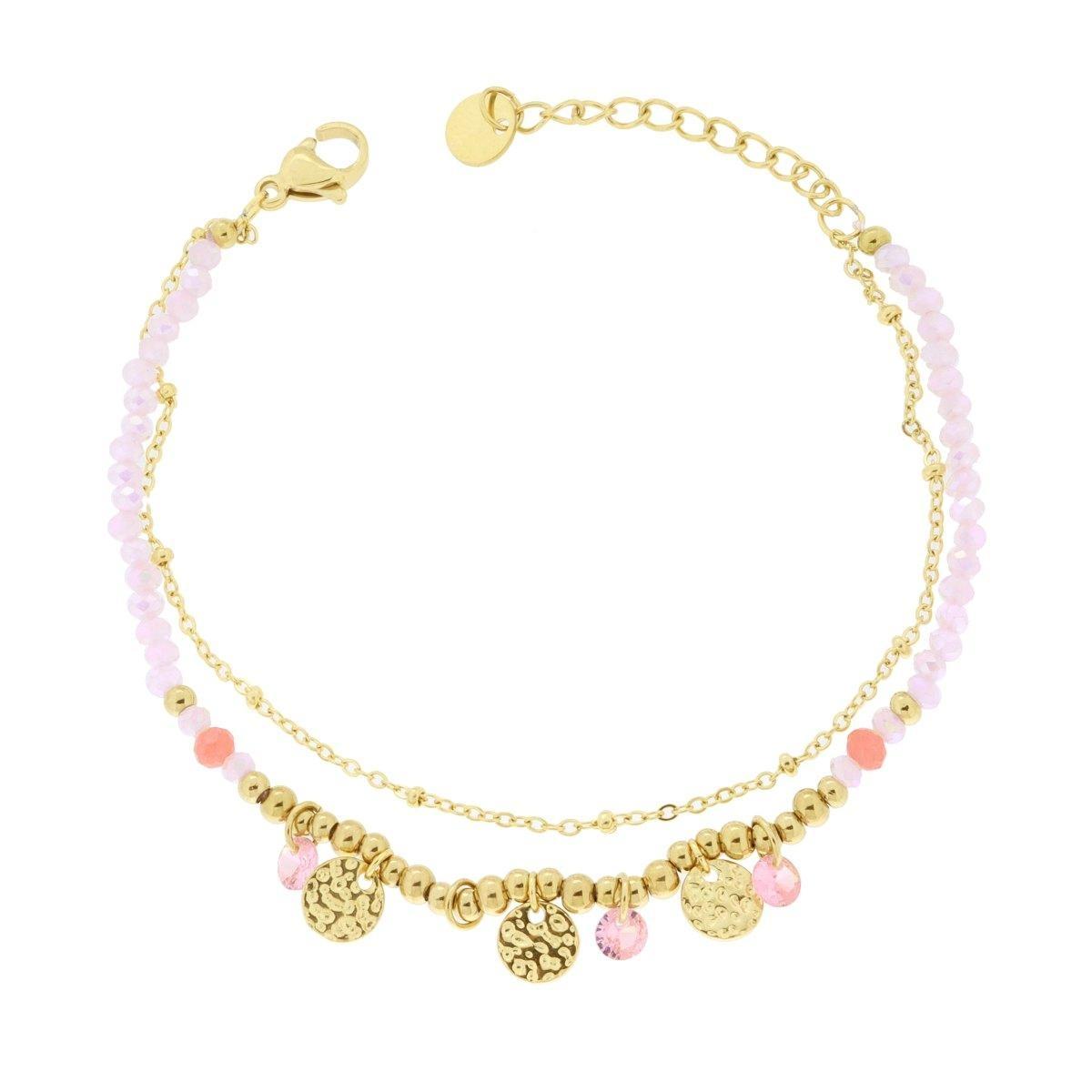Bracciale due fili Catena con Palline Crystal Rosa e Tondi Martellati in ACCIAIO colore Oro<BR>