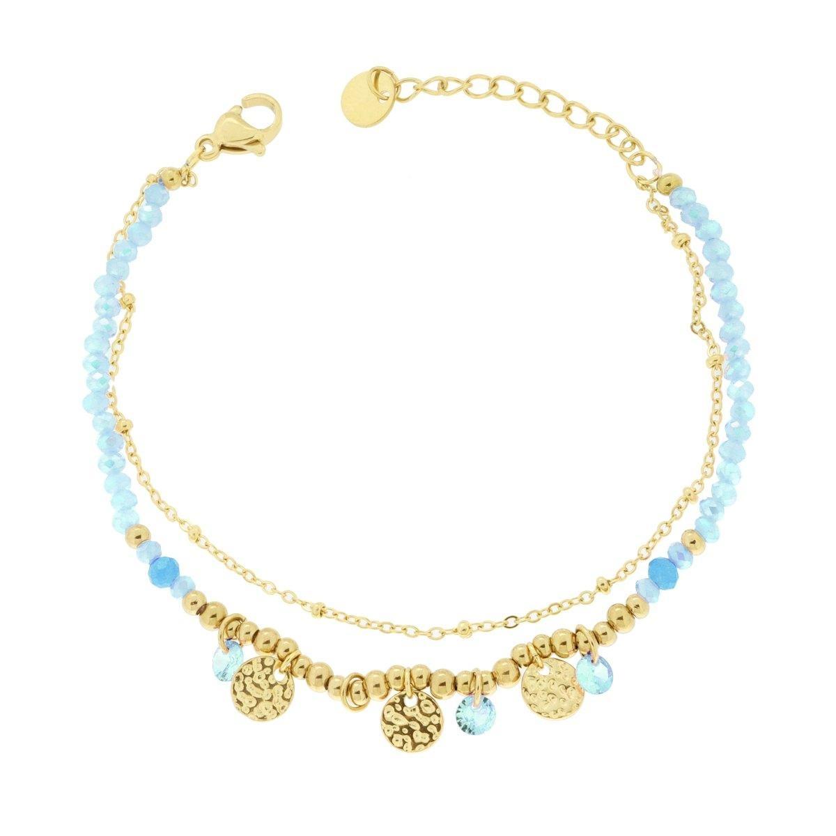 Bracciale due fili Catena con Palline Crystal Azzurro e Tondi Martellati in ACCIAIO colore Oro<BR>