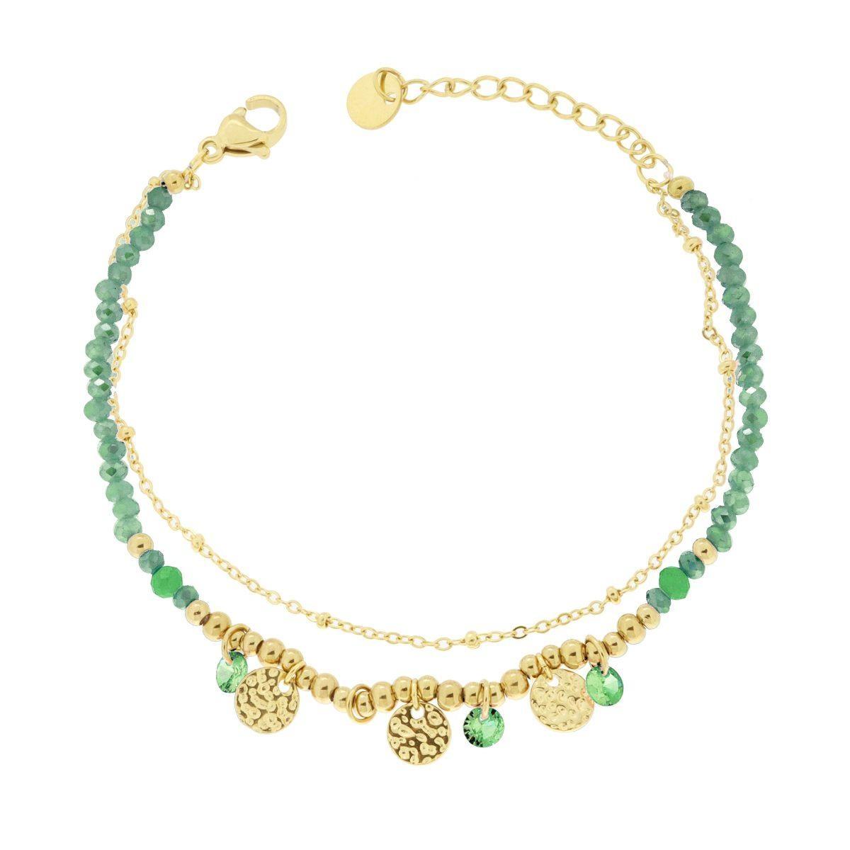 Bracciale due fili Catena con Palline Crystal Verde e Tondi Martellati in ACCIAIO colore Oro<BR>