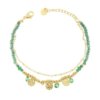 Bracciale due fili Catena con Palline Crystal Verde e Tondi Martellati in ACCIAIO colore Oro<BR>