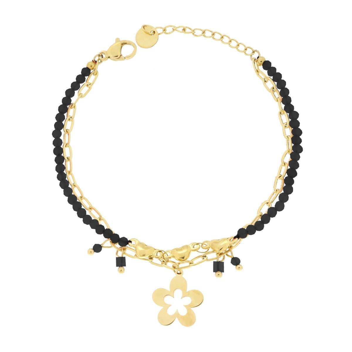Bracciale due fili Catena con Cuori Crystal Neri e Fiore Pendente in ACCIAIO colore Oro<BR>