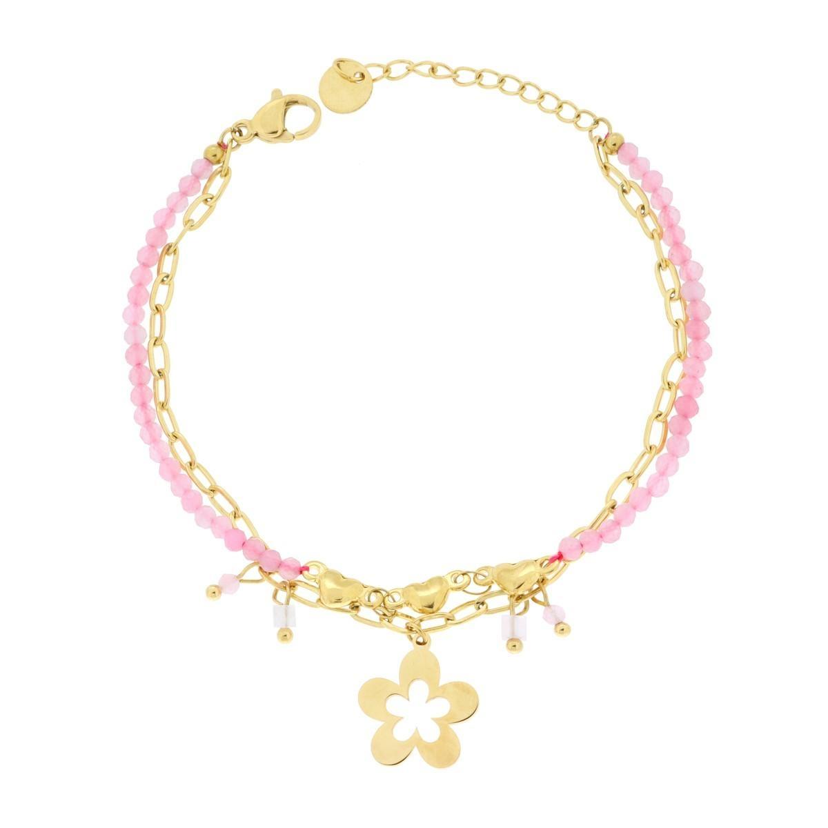 Bracciale due fili Catena con Cuori Crystal Rosa e Fiore Pendente in ACCIAIO colore Oro<BR>