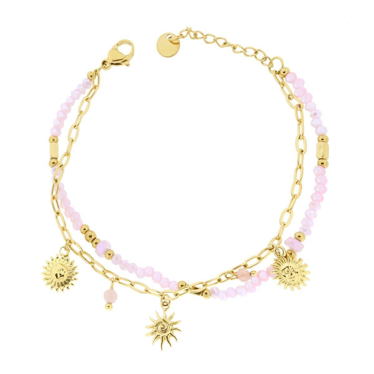 Bracciale due fili Catena con Palline Crystal Rosa e Sole Pendenti in ACCIAIO colore Oro<BR>