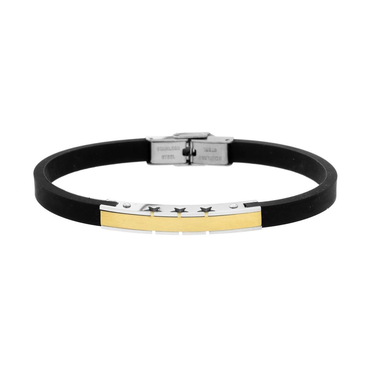 Bracciale Uomo in Caucciu PVC Nero con Targa colore Oro e Stelle in ACCIAIO<BR>