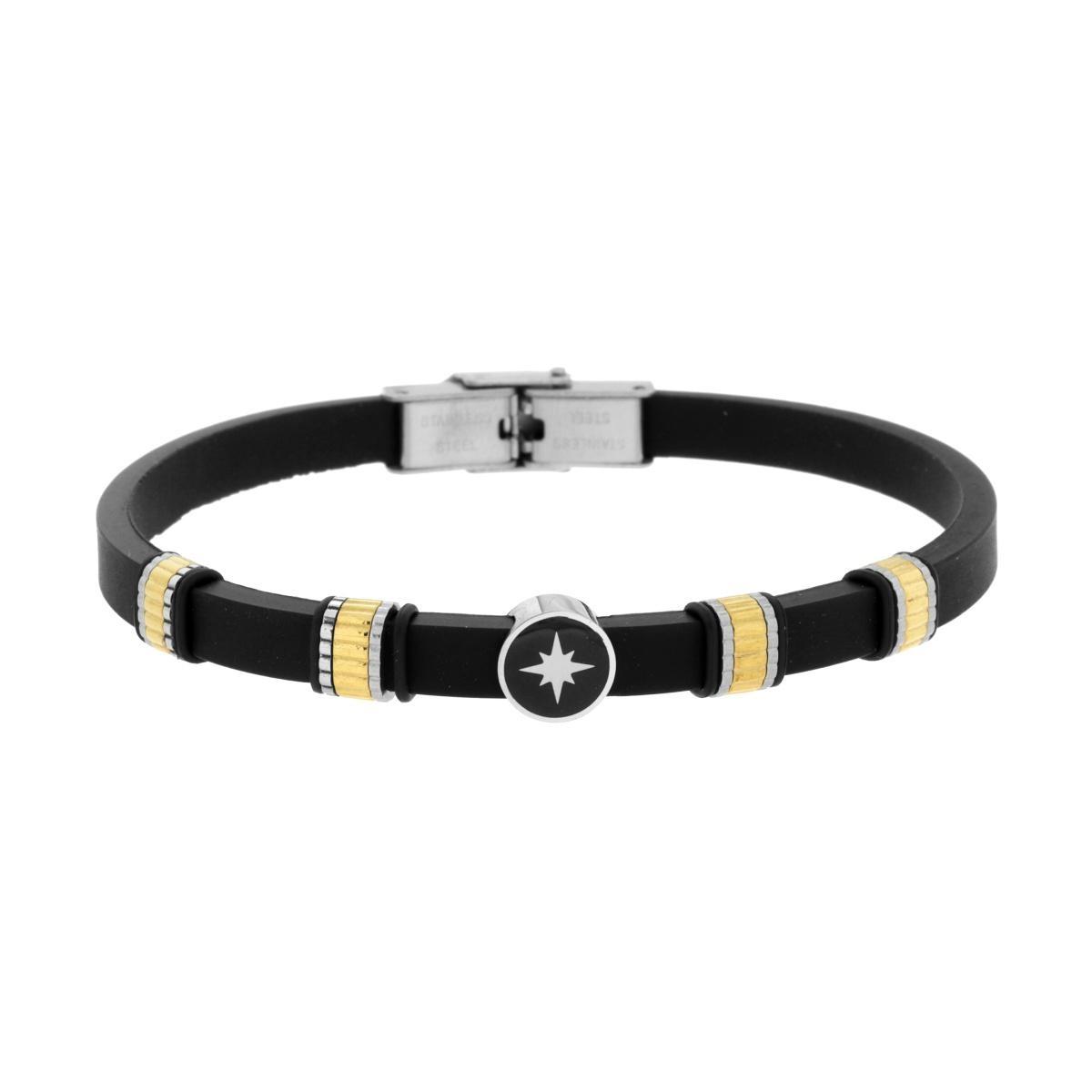 Bracciale Uomo in Caucciu PVC Nero con Accessori Dentellati colore Oro con Rosa dei Venti centrale in ACCIAIO<BR>
