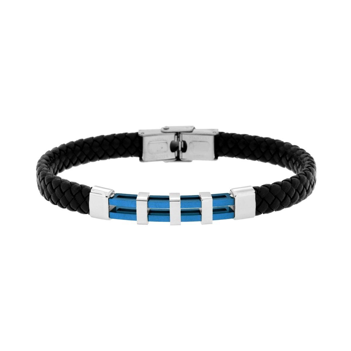 Bracciale Uomo in Ecopelle Intrecciata Nero con Targa Traforata e colore Blu in ACCIAIO<BR>