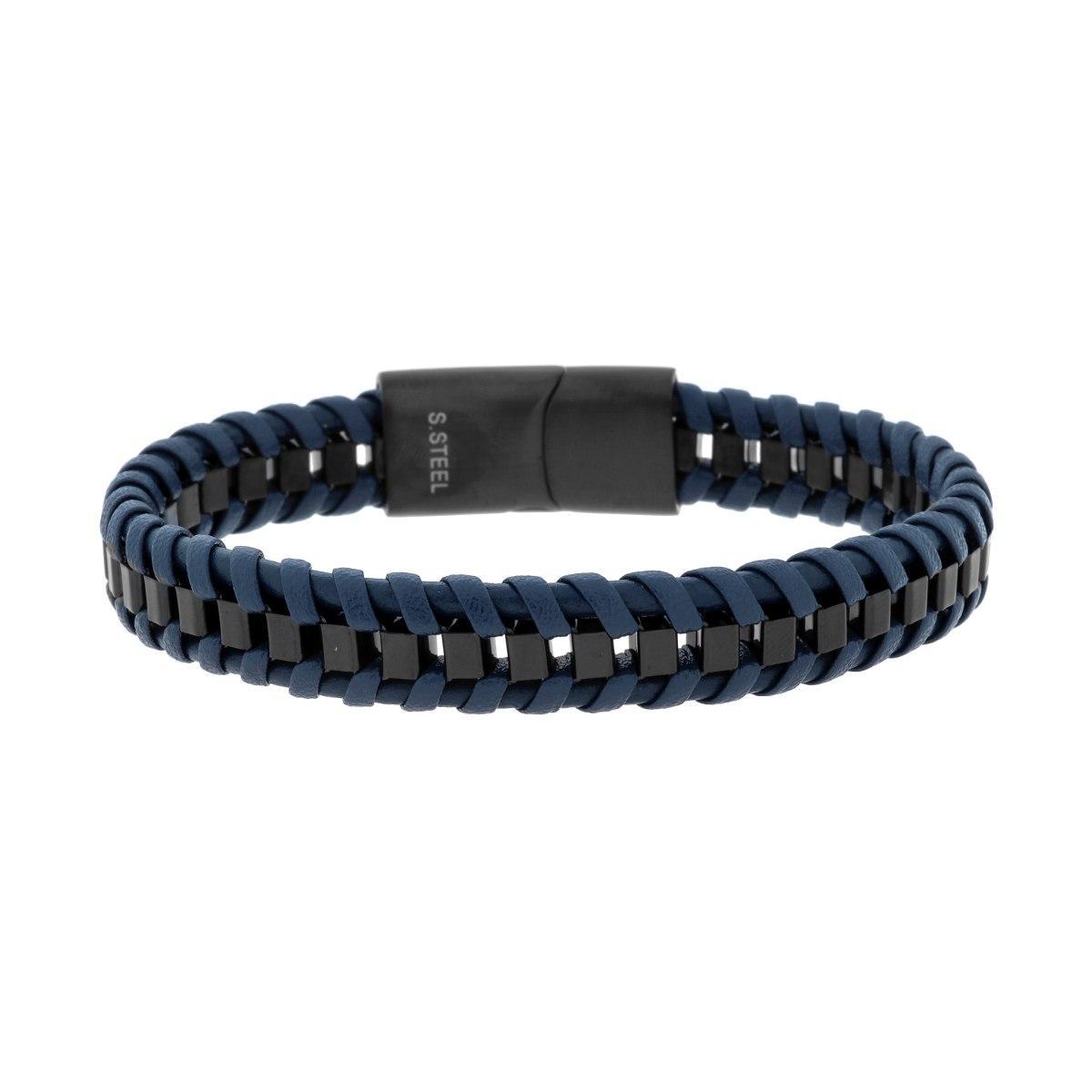 Bracciale Uomo in Ecopelle Intrecciata Blu su Catena Veneziana in ACCIAIO colore Nero<BR>