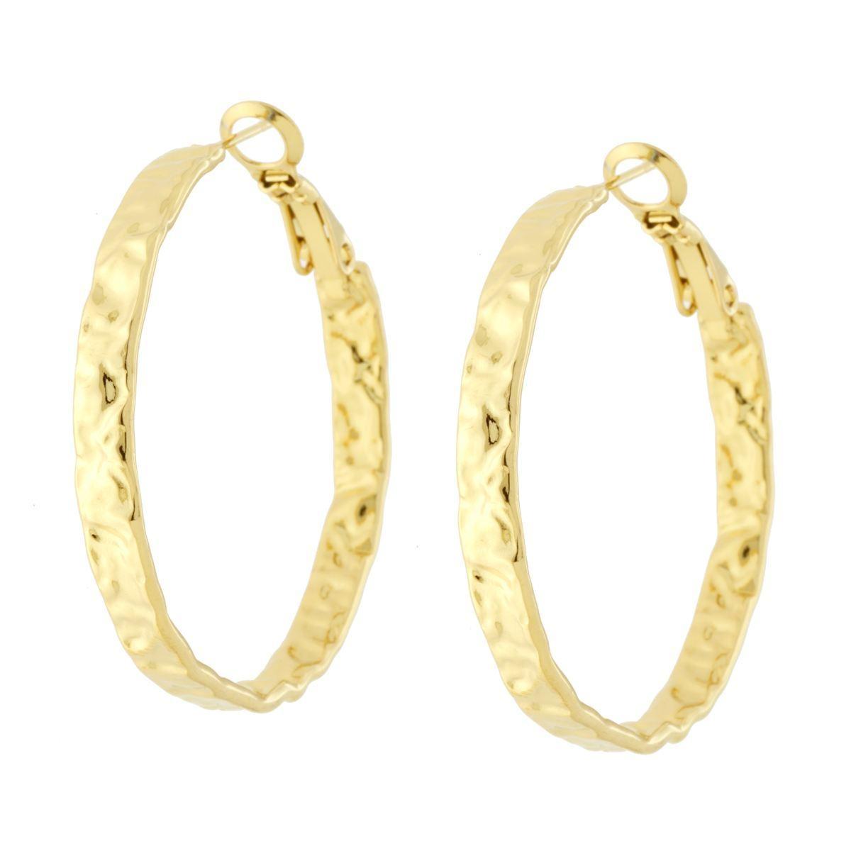 Orecchini Cerchio Fascia Martellata mm 35 in ACCIAIO colore Oro<BR>