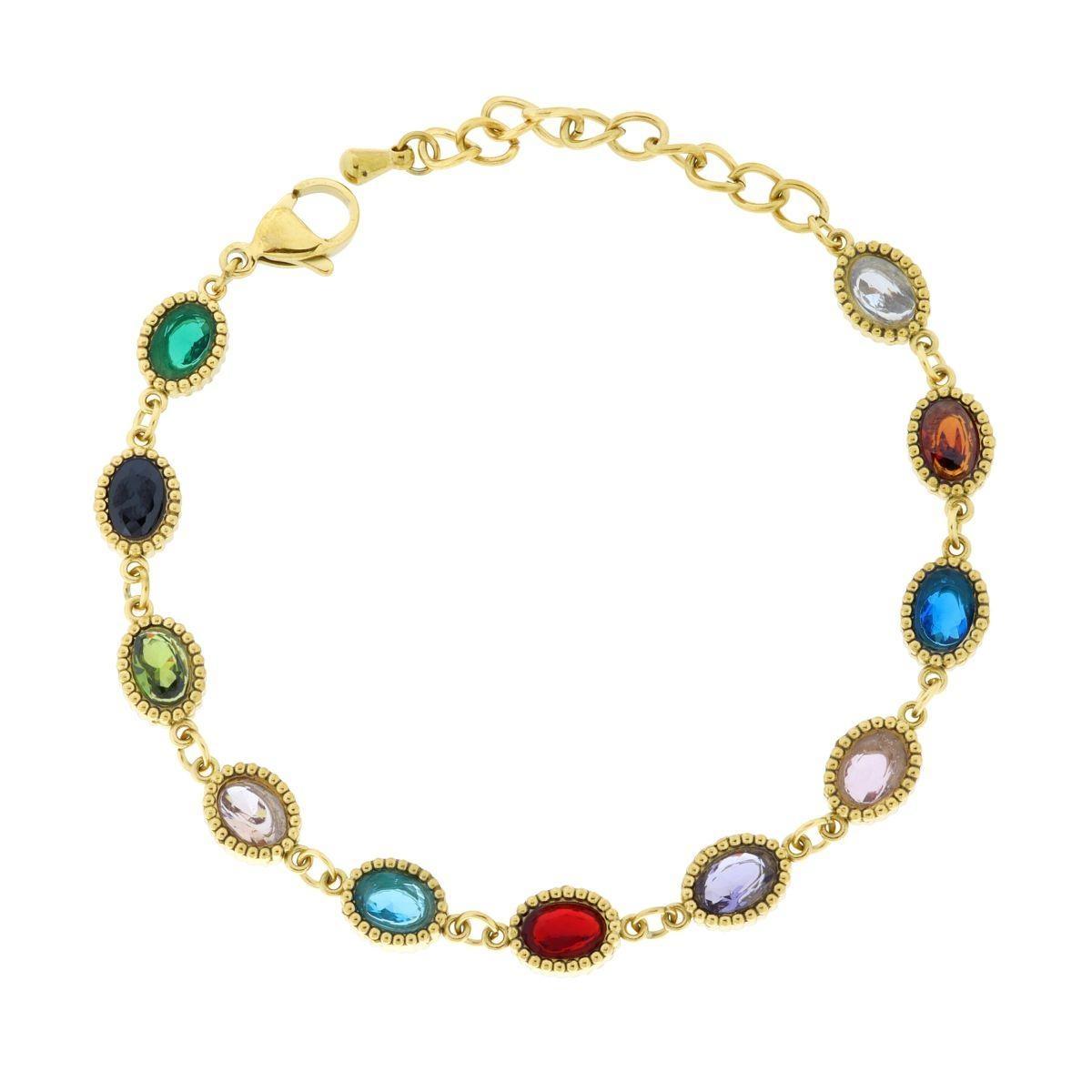 Bracciale con Catena di Ovali e Crystal Multicolor in ACCIAIO colore Oro<BR>