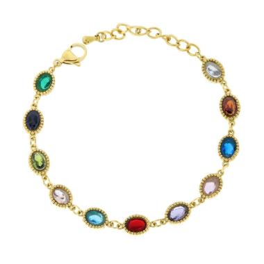 Bracciale con Catena di Ovali e Crystal Multicolor in ACCIAIO colore Oro<BR>