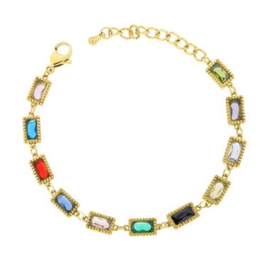 Bracciale con Catena di Rettangoli e Crystal Multicolor in ACCIAIO colore Oro<BR>
