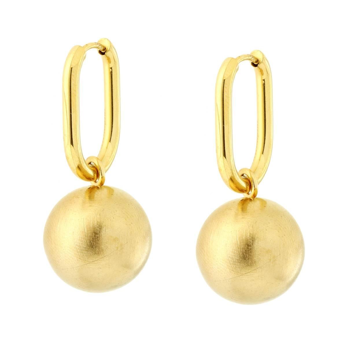Orecchini Cerchio Rettangolare e Sfera pendente in ACCIAIO colore Oro<BR>