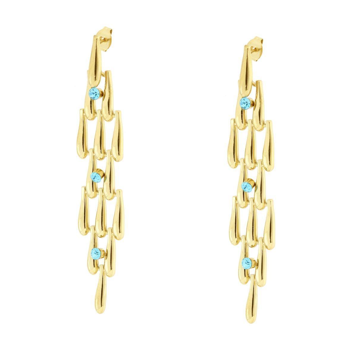Orecchini Chandelier Lunghi con Gocce e Crystal Azzurri in ACCIAIO colore Oro<BR>