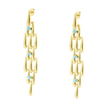 Orecchini Chandelier Lunghi con Gocce e Crystal Azzurri in ACCIAIO colore Oro<BR>