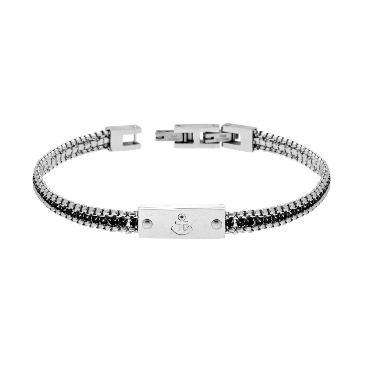 Bracciale Uomo Catena Veneziana Tonda con Tennis Crystal Neri e Targa con Ancora in ACCIAIO <BR>