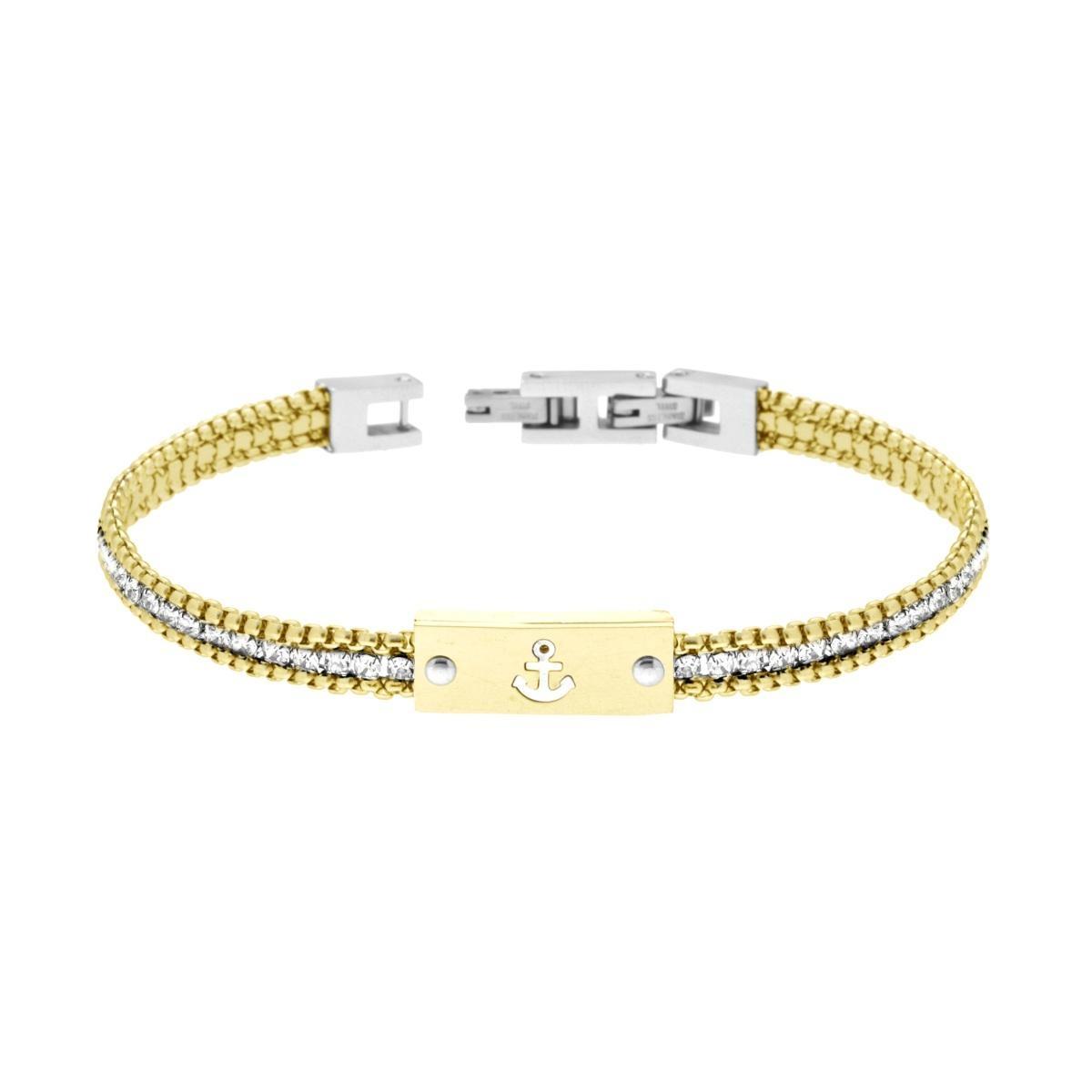 Bracciale Uomo Catena Veneziana Tonda colore Oro con Tennis Crystal Bianchi e Targa con Ancora in ACCIAIO <BR>
