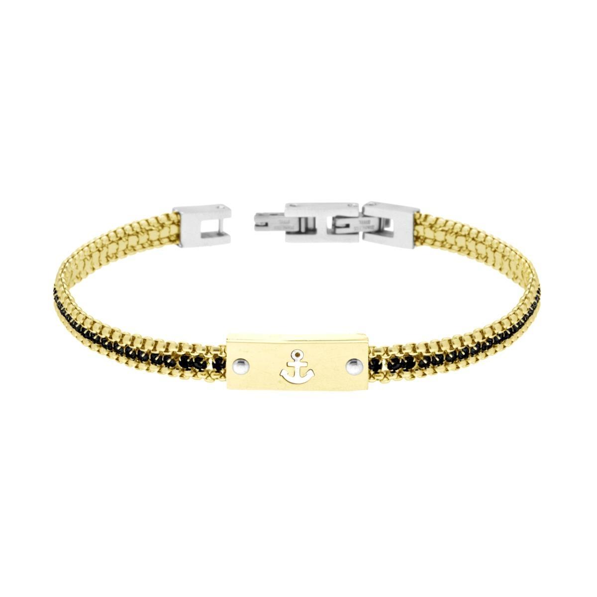 Bracciale Uomo Catena Veneziana Tonda colore Oro con Tennis Crystal Neri e Targa con Ancora in ACCIAIO colore Oro<BR>