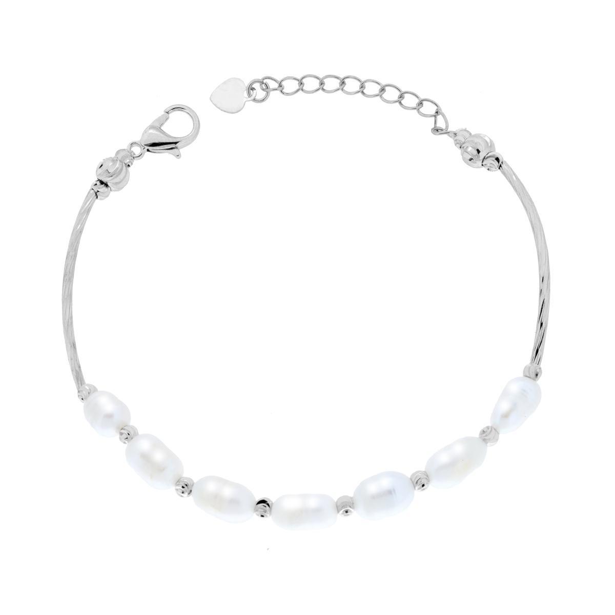 Bracciale Semirigido con Canna Diamantata e Catena di Perle Scaramazza Bianche in ACCIAIO<BR>