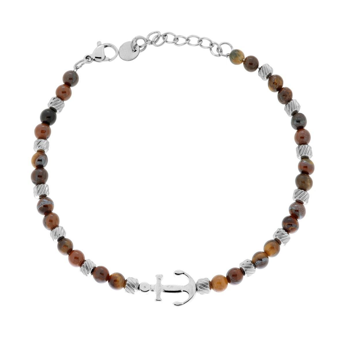 Bracciale Catena con Cilindri Diamantati alternati a Pietre colore Occhio di Tigre e Ancora centrale in ACCIAIO<BR>
