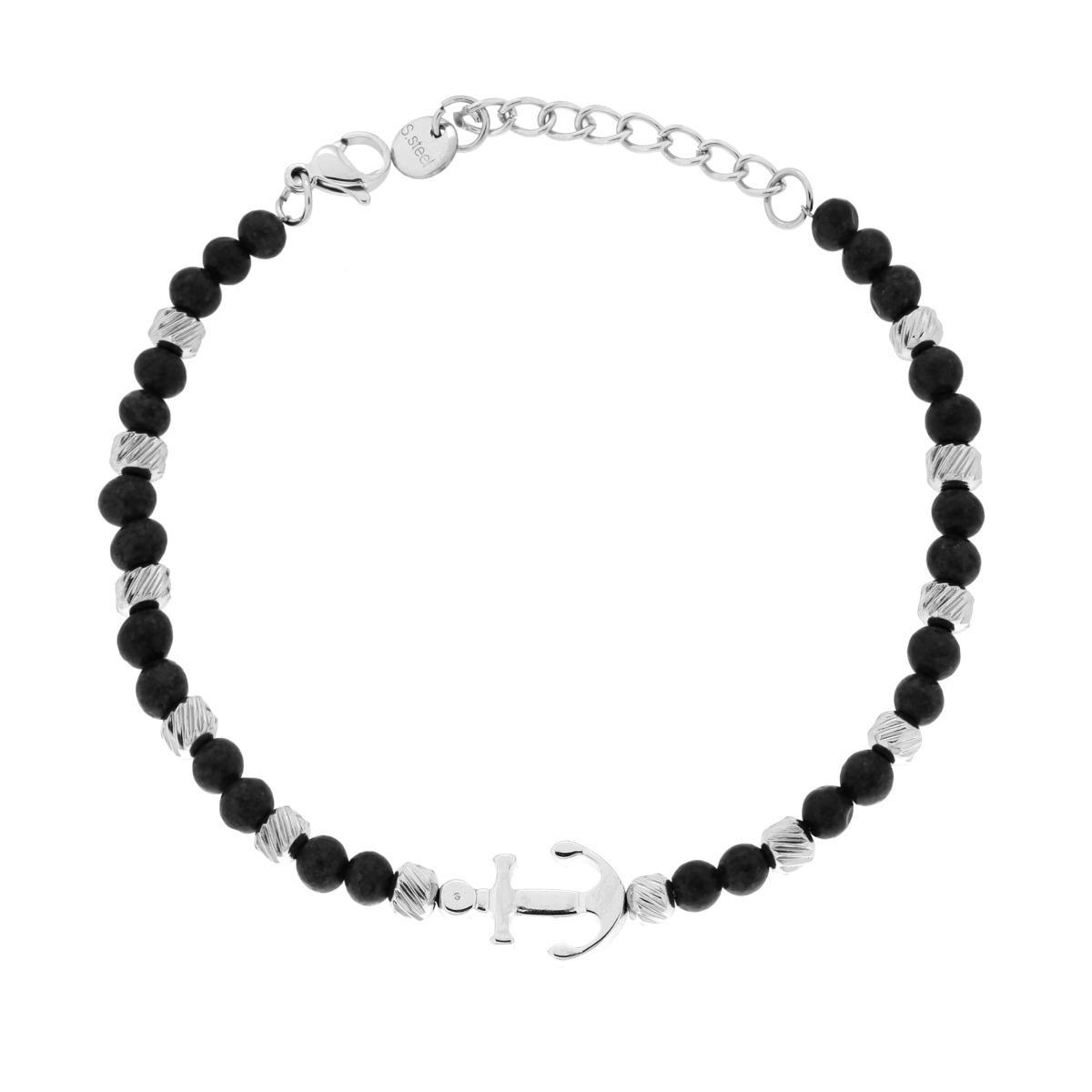 Bracciale Catena con Cilindri Diamantati alternati a Pietre colore Nero e Ancora centrale in ACCIAIO<BR>