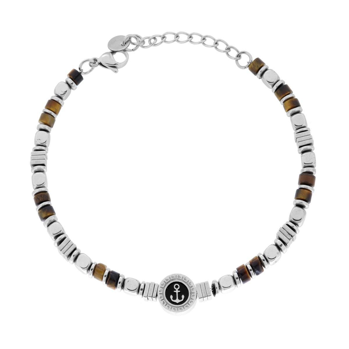 Bracciale Catena con Cubetti alternati a Pietre Cilindriche colore Occhio di Tigre e Tondo con Ancora centrale in ACCIAIO<BR>