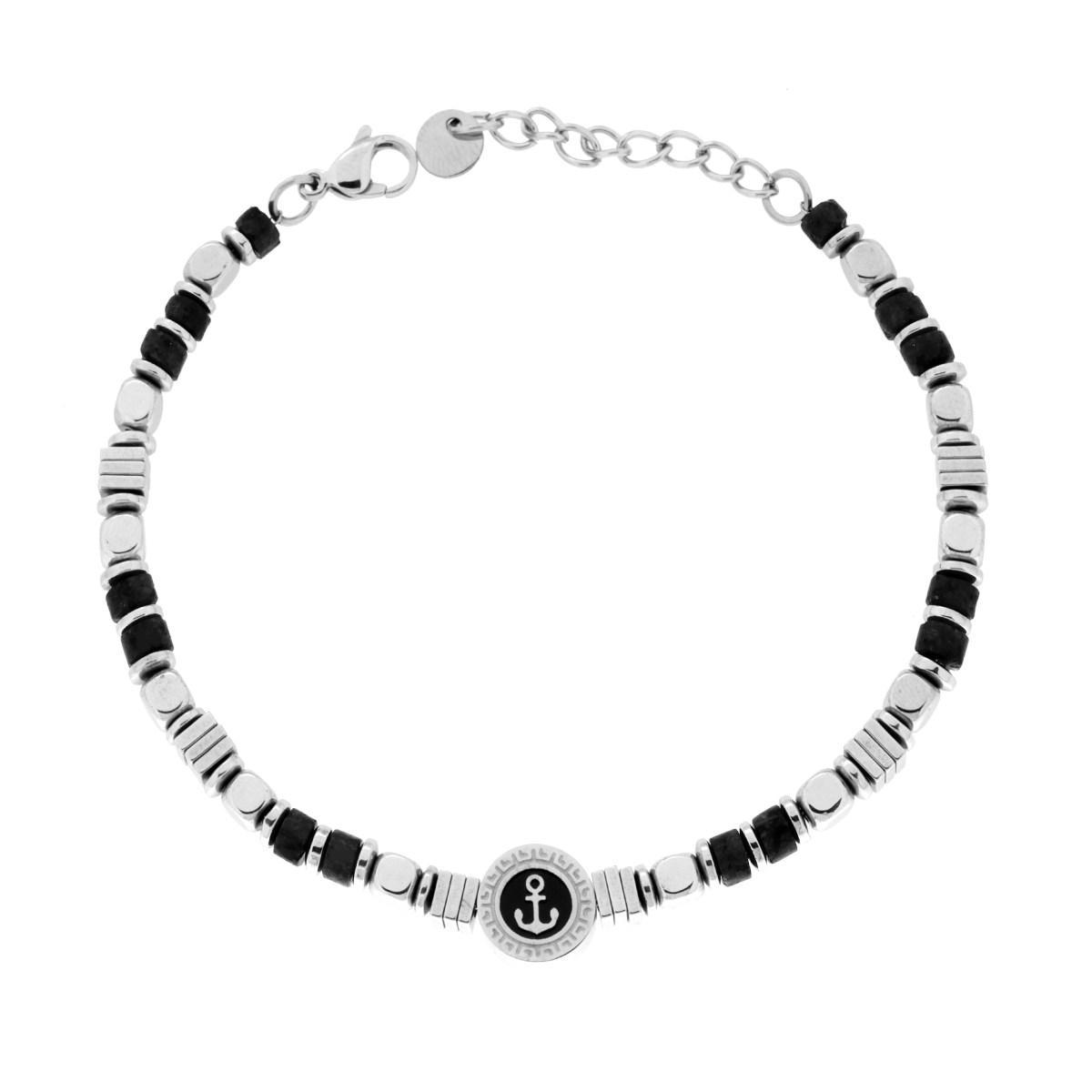 Bracciale Catena con Cubetti alternati a Pietre Cilindriche colore Nero e Tondo con Ancora centrale in ACCIAIO<BR>
