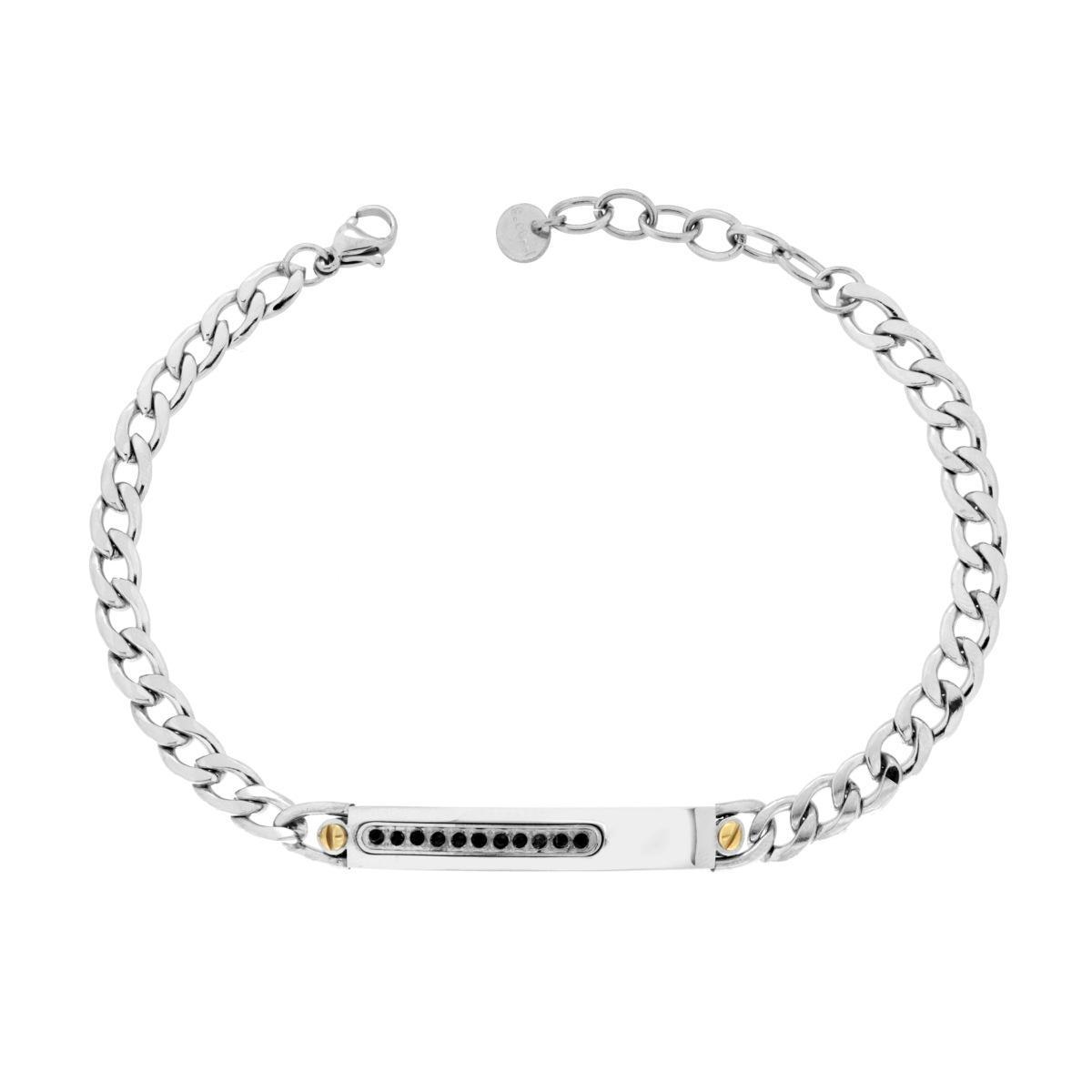 Bracciale Catena Grumetta Diamantata con Targa e Crystal Nero in ACCIAIO<BR>