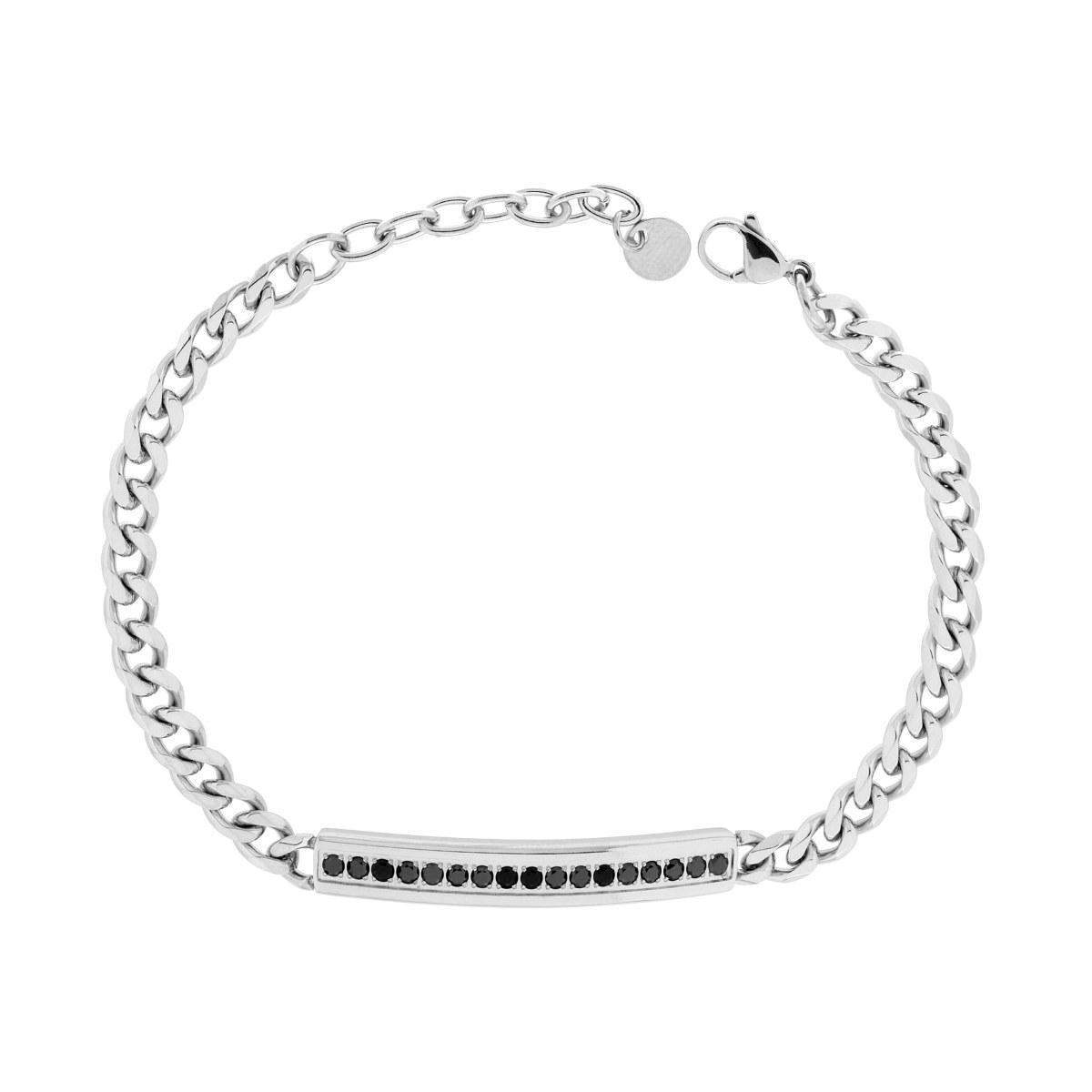 Bracciale Catena Grumetta Diamantata con Targa e Crystal Nero in ACCIAIO