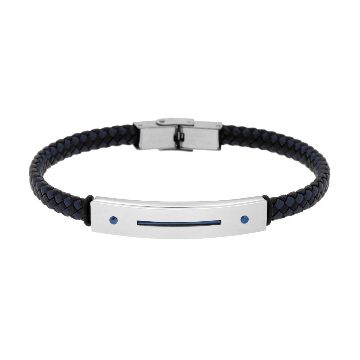 Bracciale Uomo in Ecopelle Intrecciata Nero e Blu con Targa con dettaglio in Blu in ACCIAIO<BR>